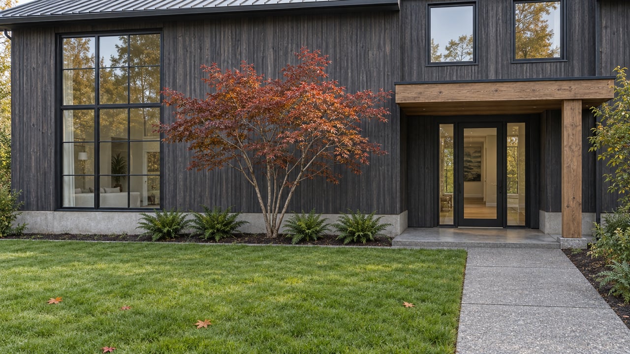 Contemporary charcoal cedar home with tall gridded windows, sheltered timber entry and a deep lawn beside a concrete approach.