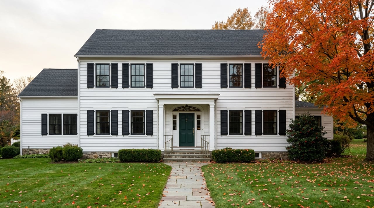 White two-story Colonial with a green front door, orange-red maple, and fallen leaves across the lawn and walk.
