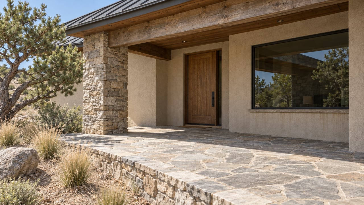 Stone and timber covered entry with flagstone terrace, a pinyon pine, and tawny blue grama beside a granite boulder.