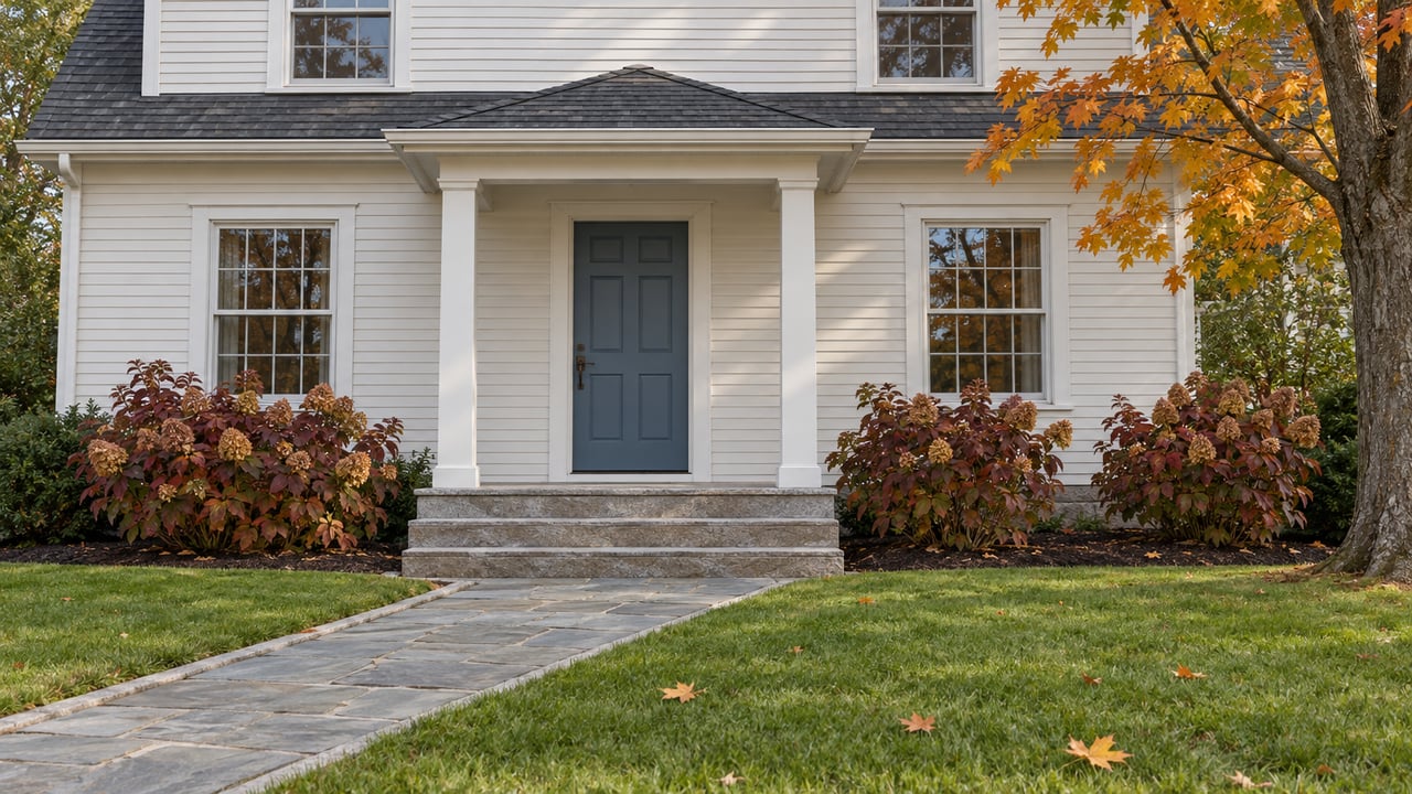 White clapboard home with a slate-blue front door, granite steps and a bluestone approach across a broad lawn beside an autumn sugar maple.