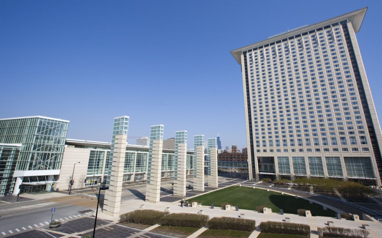 Modern buildings and a landscaped plaza in Chicago’s Near South Side.