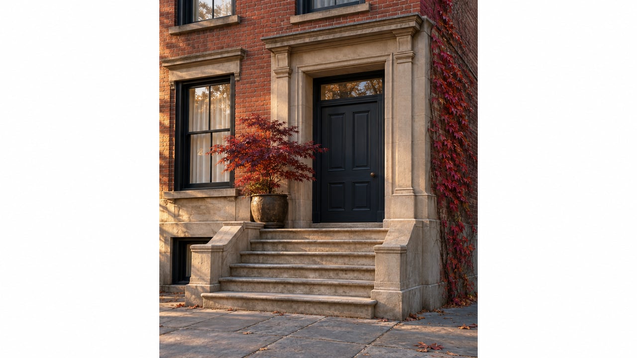 Corner townhouse entry with a navy paneled door, limestone stoop, red brick, and scarlet Japanese maple.