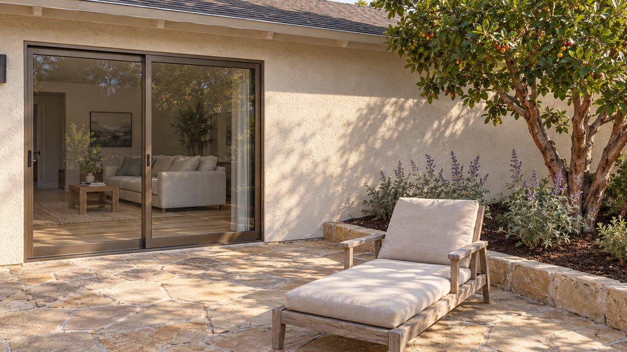 Morning light on a sandstone terrace beside a cream stucco home, with a closed sliding-glass doorway, weathered teak chair and strawberry tree.