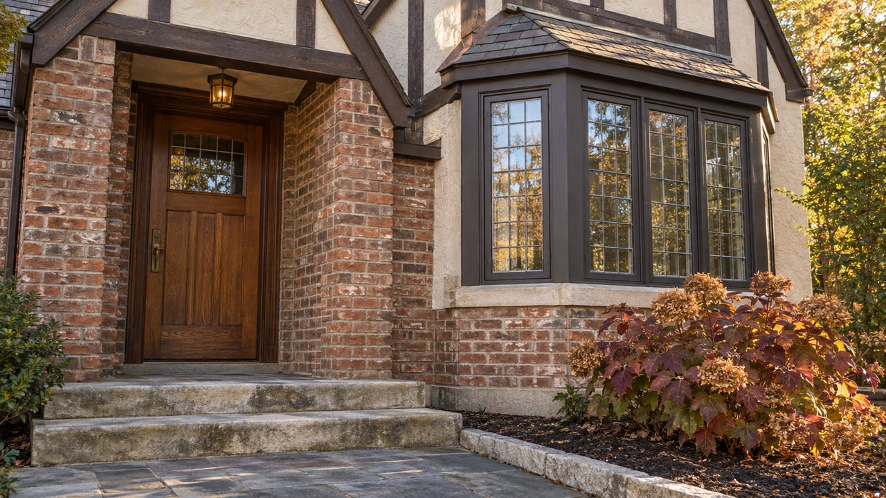 Close view of a brick-and-stucco home's oak entry door, leaded casement bay, worn stone steps and burgundy oakleaf hydrangea.