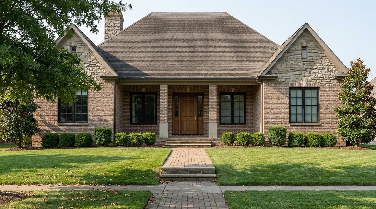 Two-story brick-and-stone home with multi-gable roof, deep porch, front lawn, and mature trees.