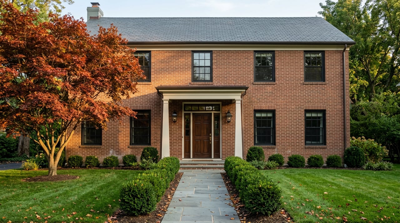 Symmetrical red-brown brick home with a white-columned porch, bluestone walk, clipped hedges, and a red-orange maple tree.