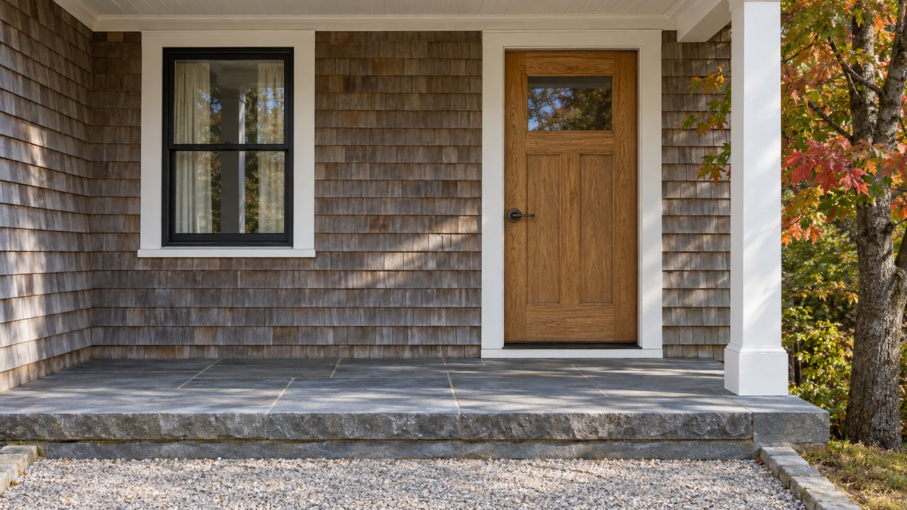 Weathered cedar porch with a black-framed window, oak front door, bluestone steps and red maple foliage.