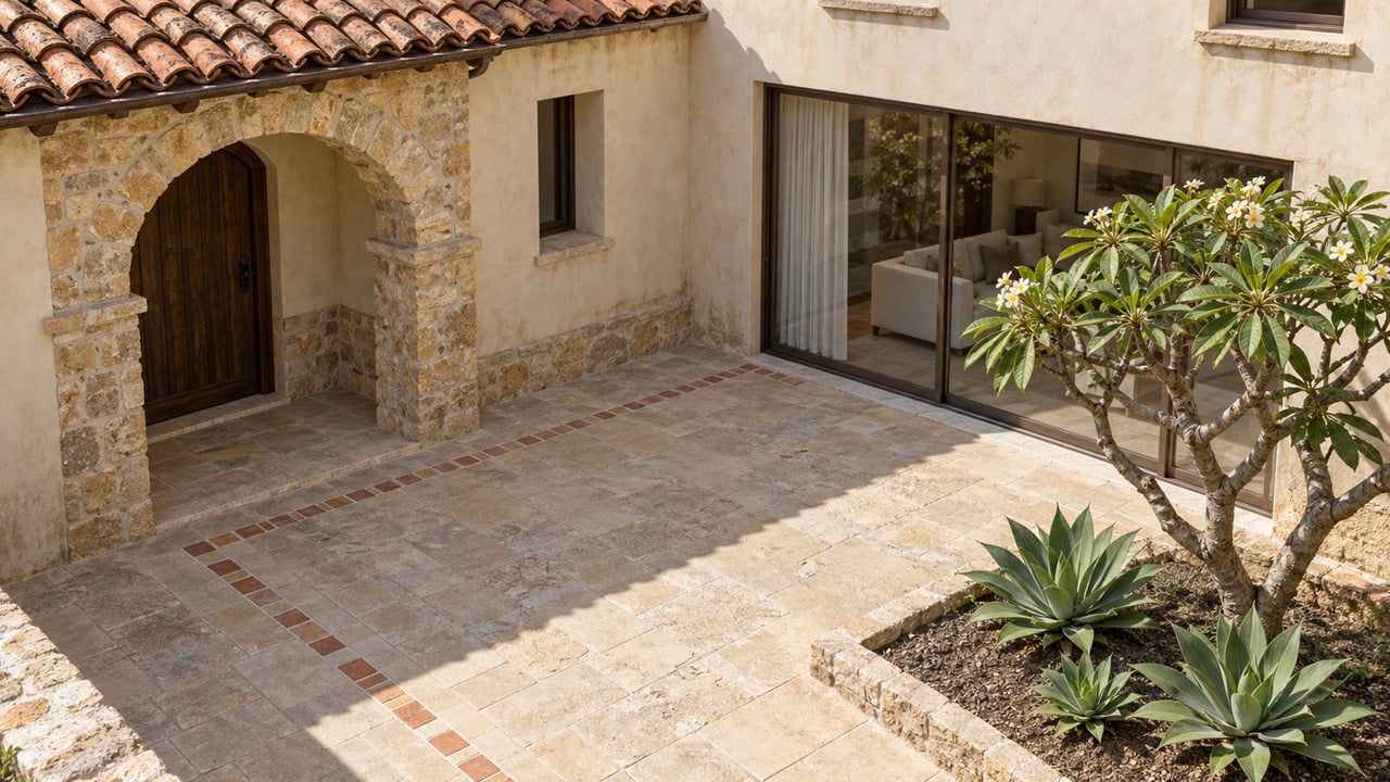 Elevated view of a cream-stucco villa courtyard with a stone arch, terracotta roof tiles, limestone paving, a branching plumeria and three agaves.