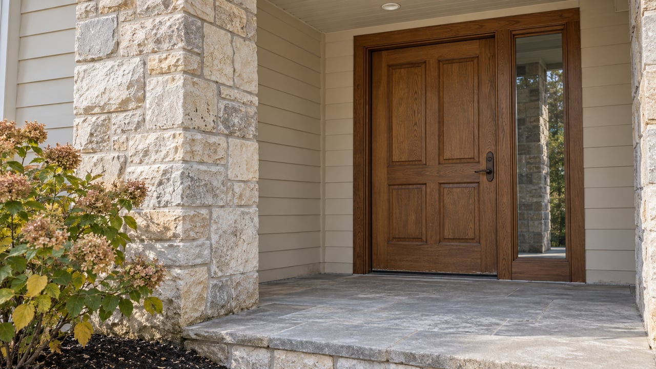Oak front door and glazed sidelight beneath a covered porch, with buff limestone masonry and an autumn-flowering hydrangea beside the stone landing.
