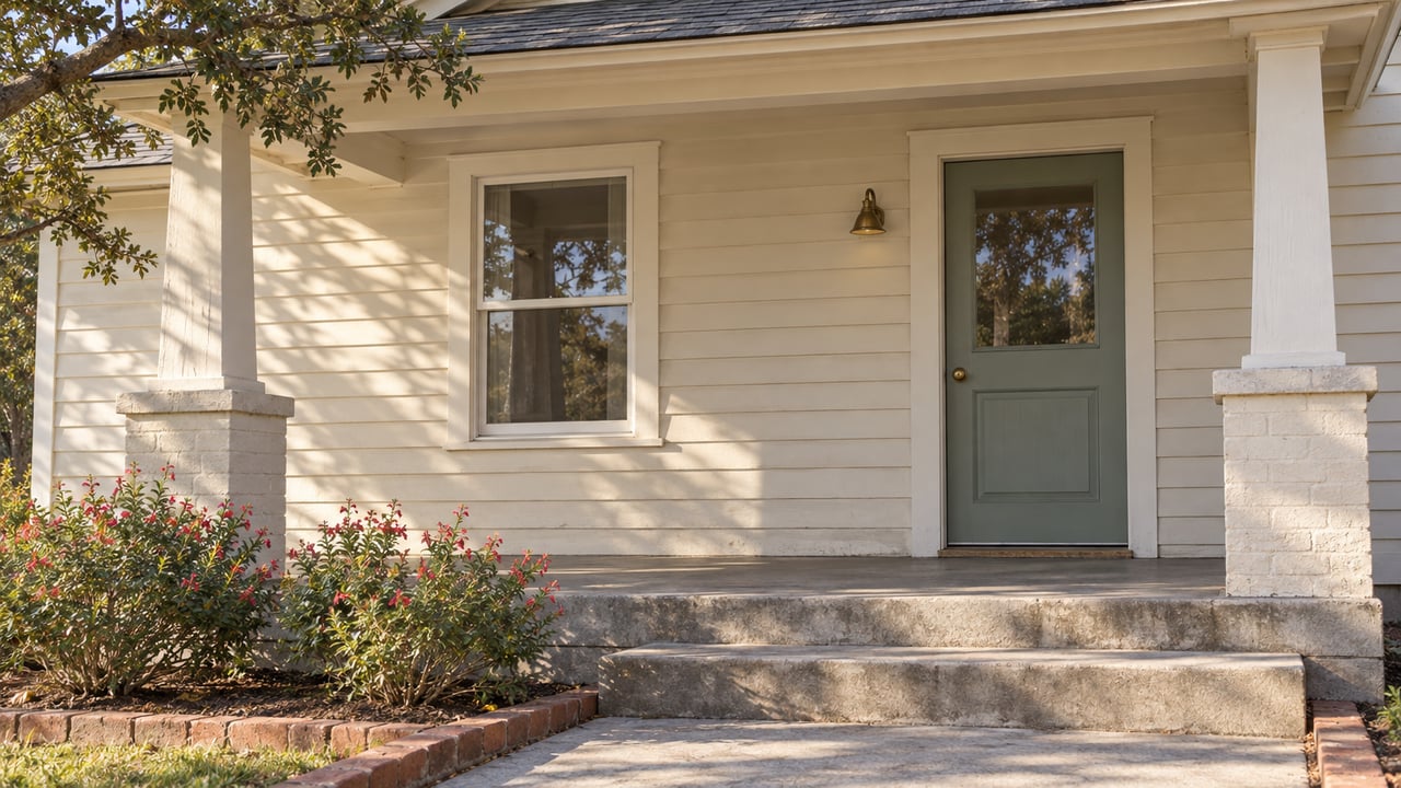 Morning light across an ivory timber bungalow porch with a sage door, concrete steps, and red-flowering sage in a brick-edged bed.