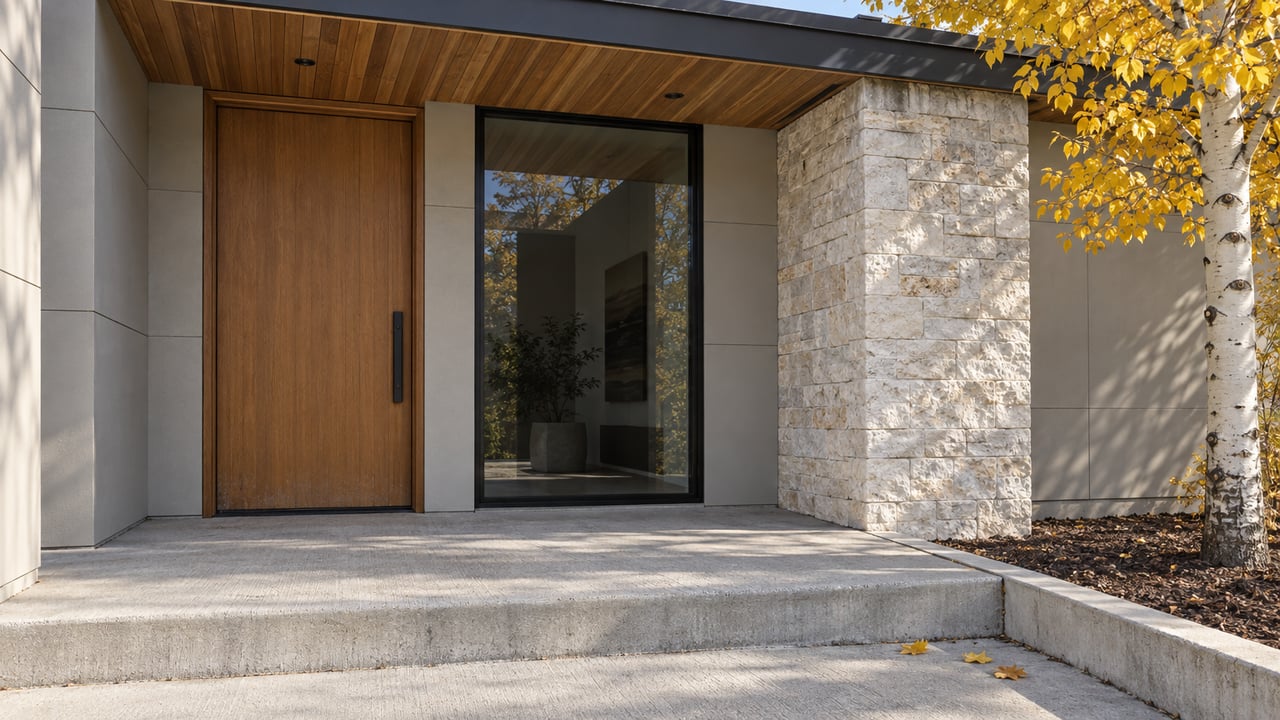 Contemporary covered home entry with a fir door, tall black-framed window, pale stone pier and autumn aspen beside concrete steps.