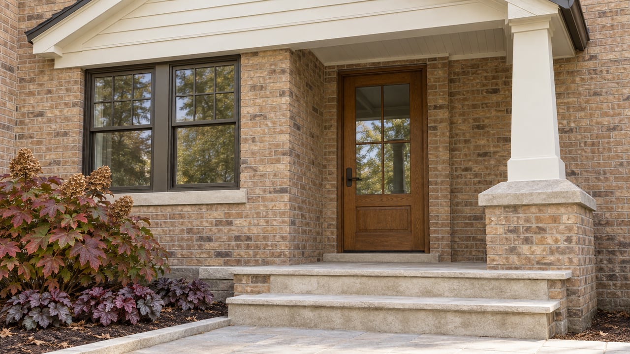 Covered entry with an oak glazed door, buff brick walls, paired dark windows and worn limestone steps beside autumn oakleaf hydrangea.