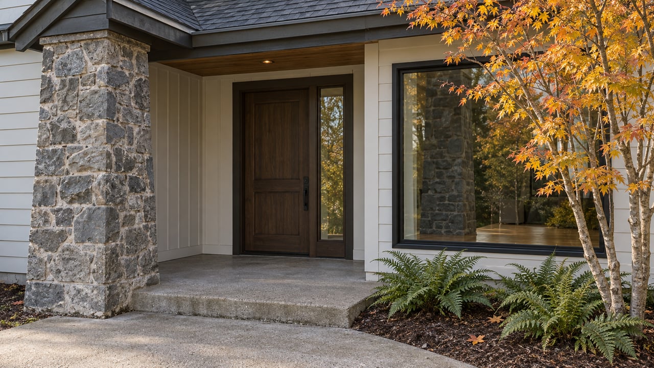 Autumn light on a gabled home's basalt porch pier, dark entry door, pale siding and vine maple beside a concrete walk.
