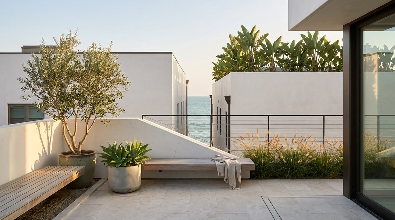 Coastal rooftop deck with a silver-green olive tree, teak bench, and a narrow glimpse of water between buildings.