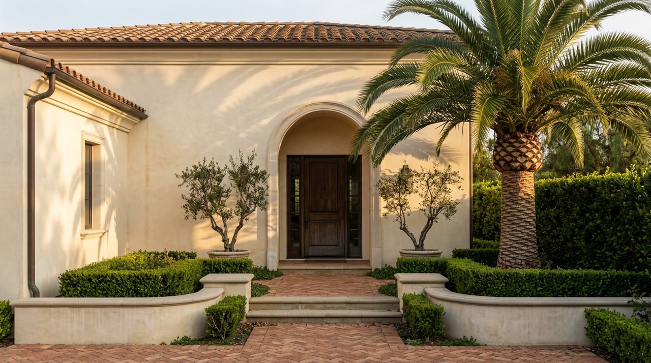 Arched walnut entry in an ivory stucco facade, approached by terracotta steps between clipped hedges and olive trees.