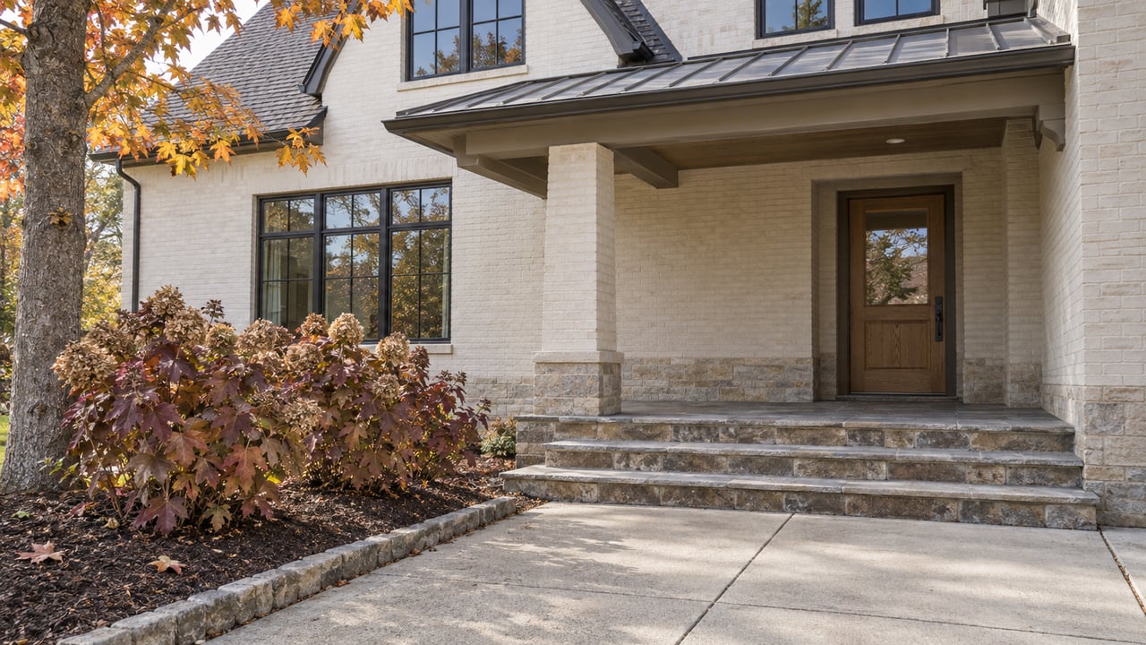 Ivory brick home with an oak front door, fieldstone porch steps and autumn oakleaf hydrangeas beside a concrete approach.