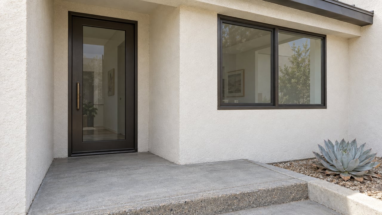 Close view of a light stucco home's recessed glass entry, bronze-framed window and concrete step beside a silver Dudleya rosette.