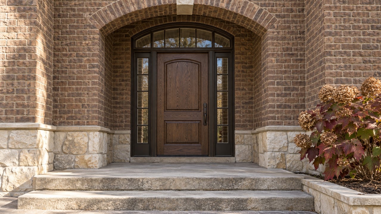 Brick and limestone arched entrance with a dark oak door, matching sidelights and autumn oakleaf hydrangea beside broad stone steps.