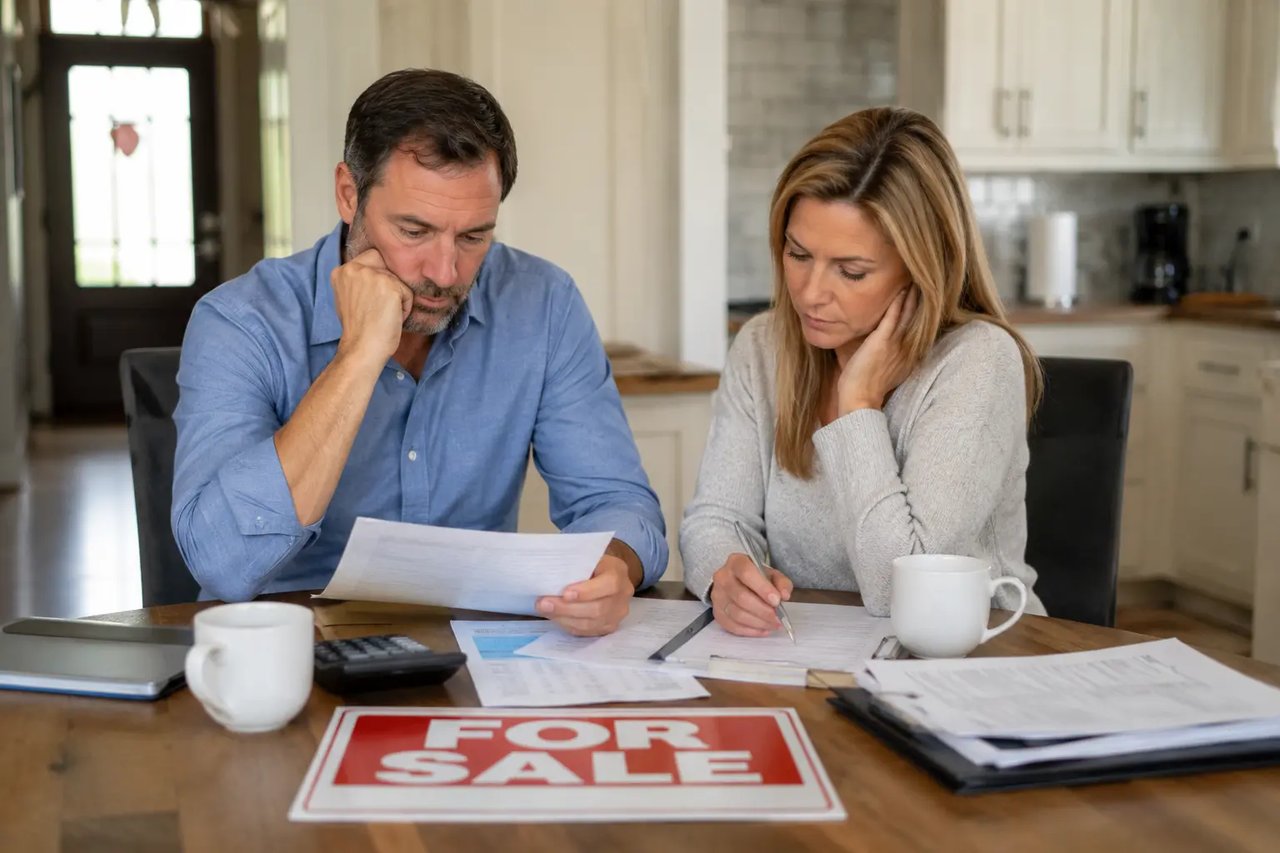 Divorced Tennessee homeowners reviewing documents before selling their jointly owned home