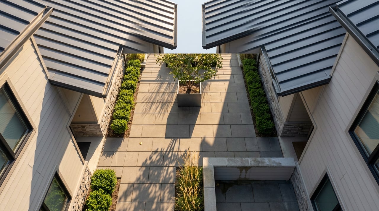 Courtyard between attached homes, with a central serviceberry, clipped hedges, gray pavers, and long shadows.