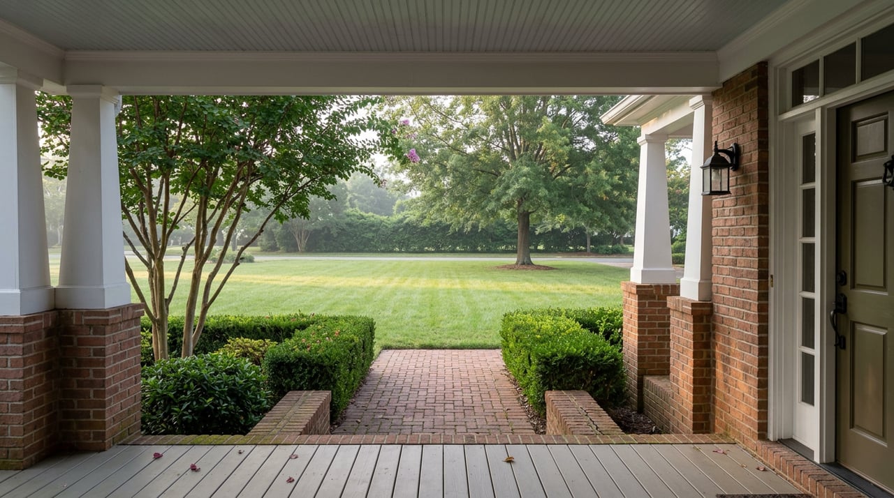 Covered porch frames a brick walkway across a lawn, with clipped hedges and mature trees.