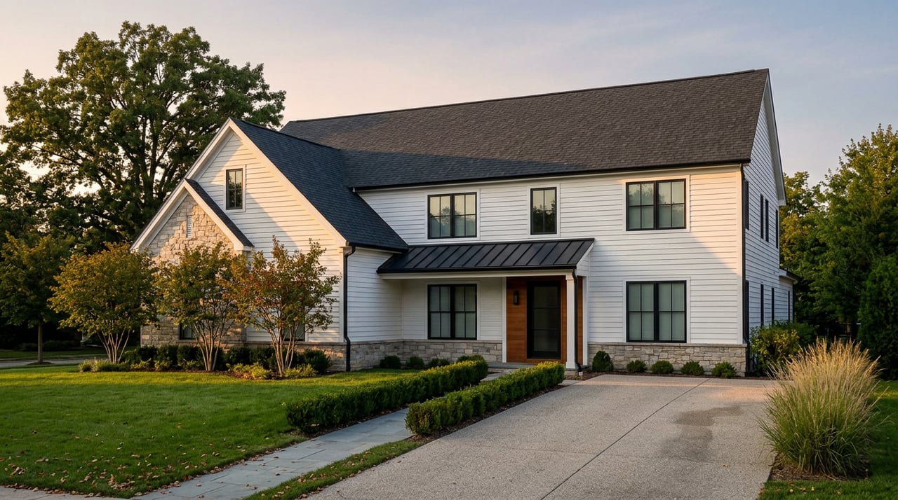Two-story white farmhouse with stone accents, black-framed windows, and a curved driveway in golden-hour light.