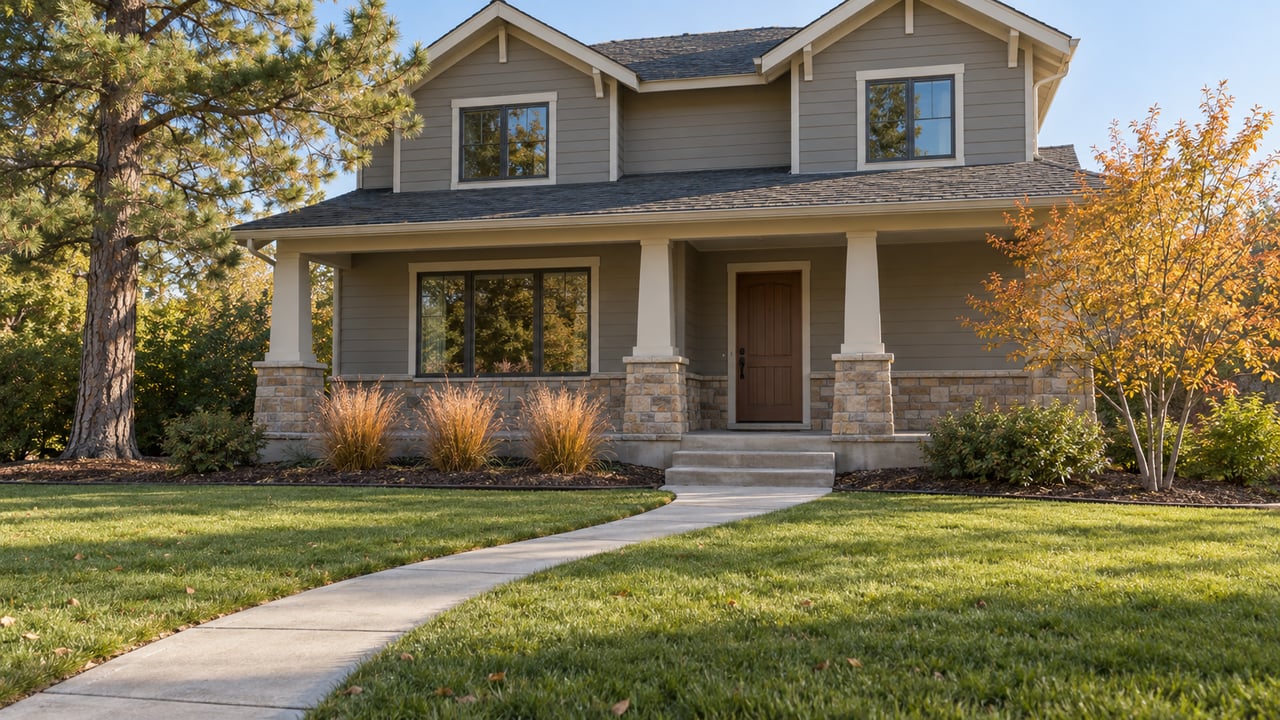 An elevated view across an autumn lawn toward a gray-sided home with a stone-based porch, bronze-framed windows and a curved concrete walk.