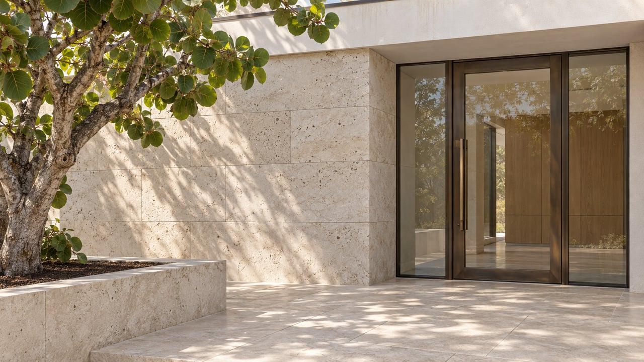 A sunlit pale-stucco home entrance with limestone paving, bronze-framed glazing and a sea grape tree in a raised stone planter.