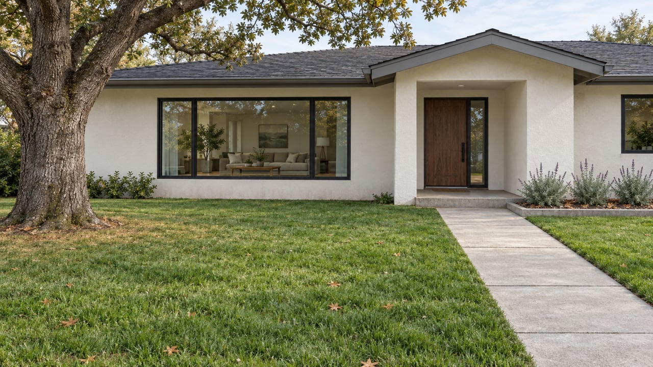 Updated single-story home behind a deep lawn, with a concrete entry walk, broad oak canopy and silver-green planting beside the porch.