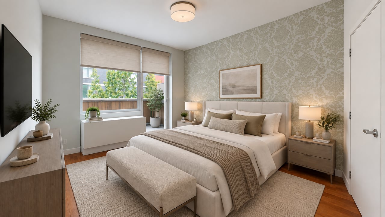Bedroom with a king-size bed, patterned accent wall, upholstered bench, and large window overlooking greenery.