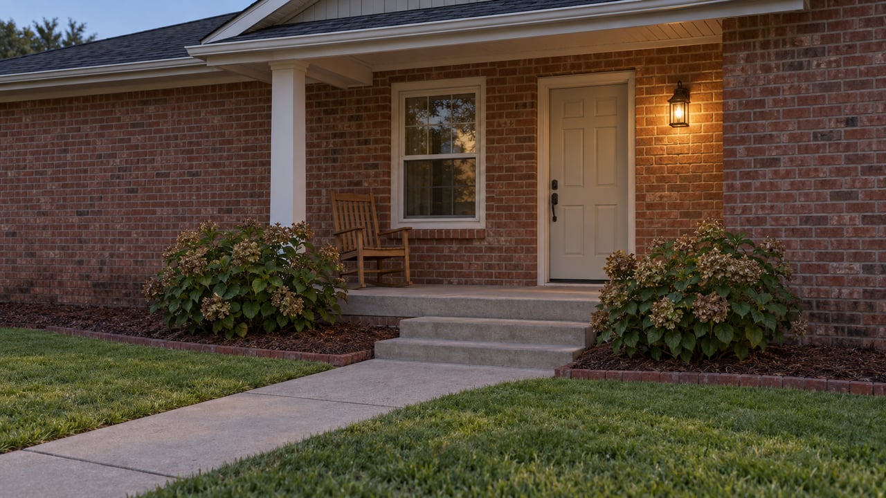 Brick home entrance at dusk with a glowing porch lantern, wooden chair, shrubs, and walkway.