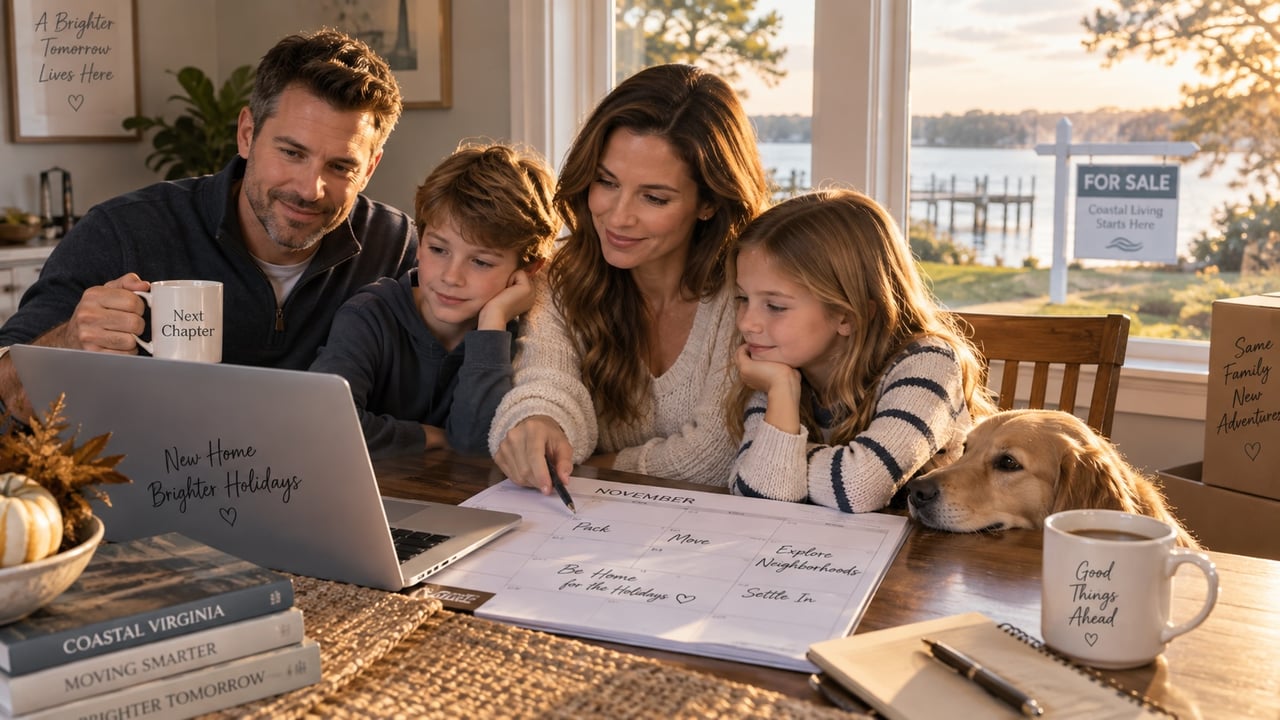 Family plans a holiday-season move at a table, with a waterfront for-sale sign visible through the window.