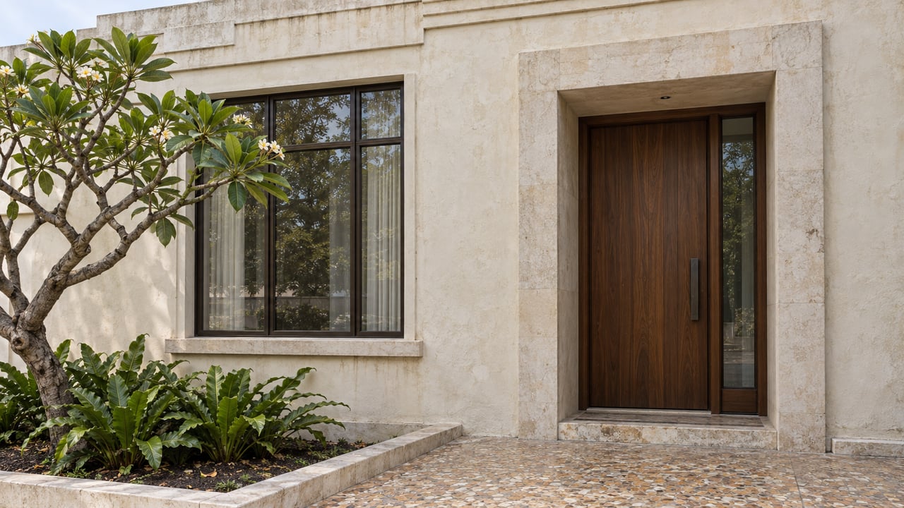 Historic ivory stucco facade with a bronze window, recessed walnut door, and pruned plumeria tree.
