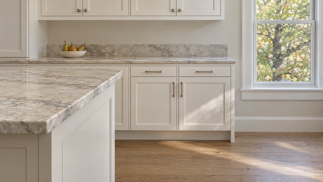 Ivory quartzite island and warm-white inset cabinetry in a sunlit kitchen, with pale oak flooring and a closed window overlooking an oak canopy.