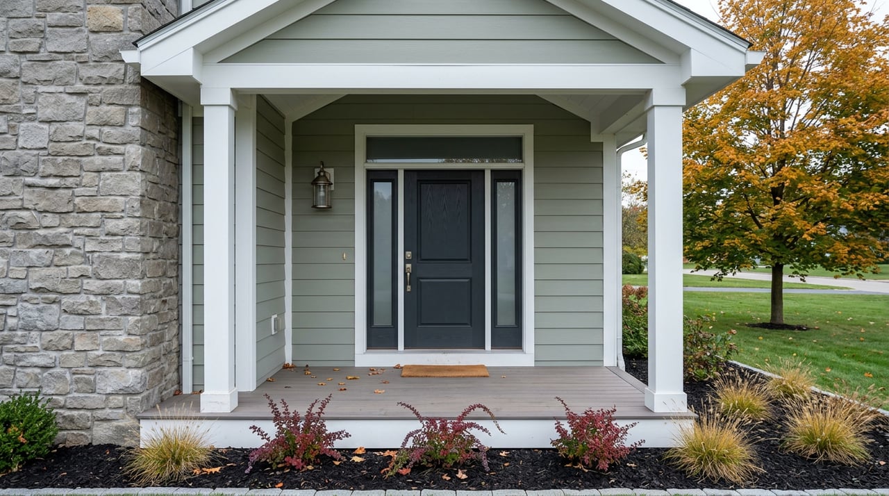 Covered porch with a charcoal front door, frosted sidelights, fieldstone pier, and golden autumn foliage.