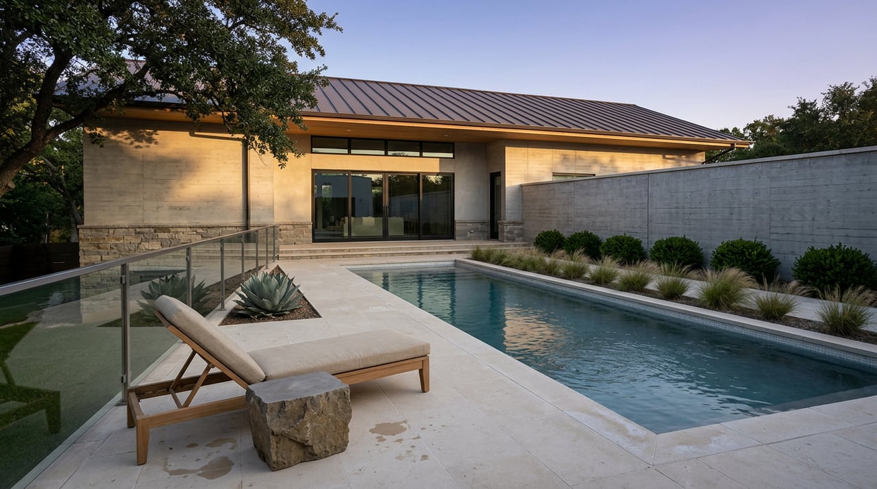 Raised terrace overlooking a rectangular lap pool, stone patio, and concrete-and-glass home facade at dusk.