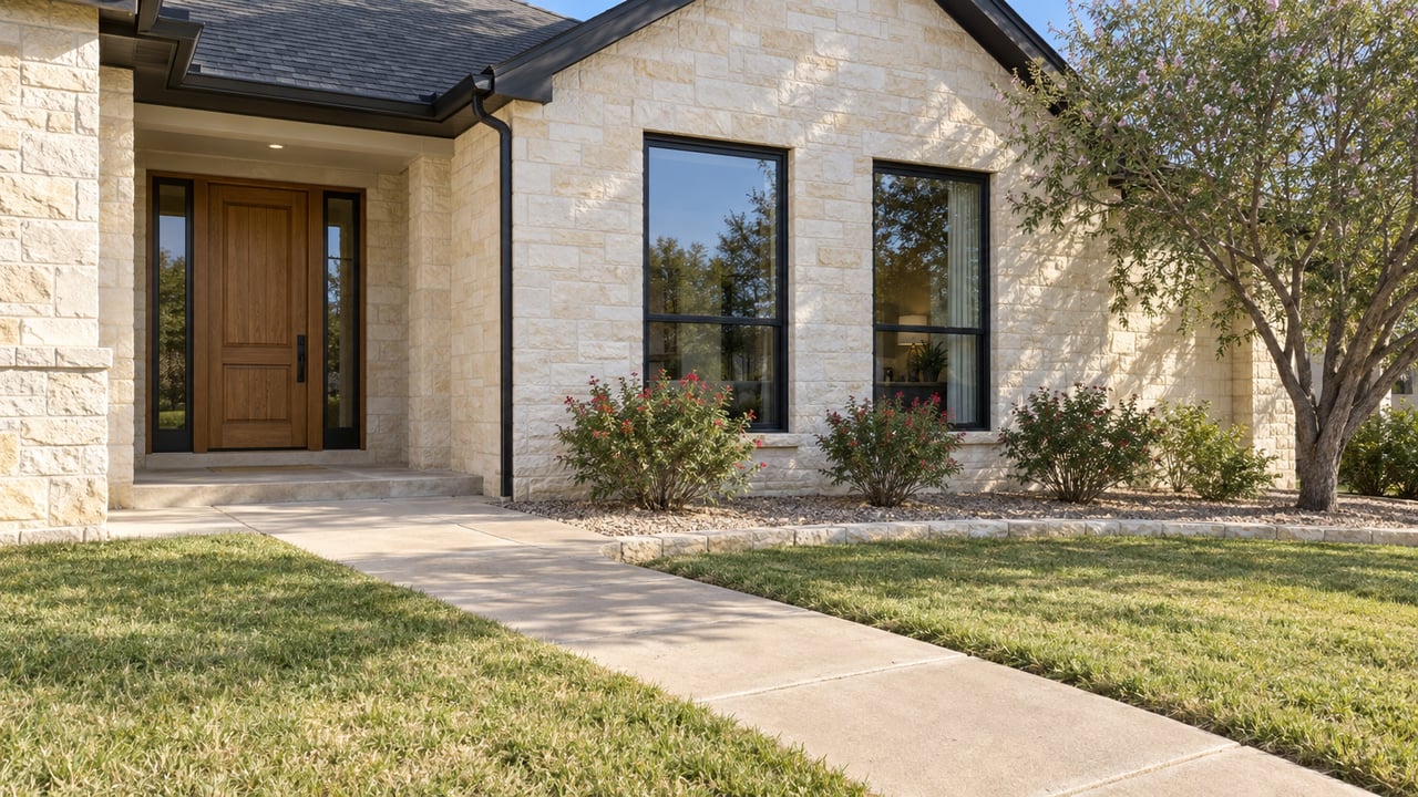 Stone home exterior with a wooden front door, dark-framed windows, and a walkway across the lawn.