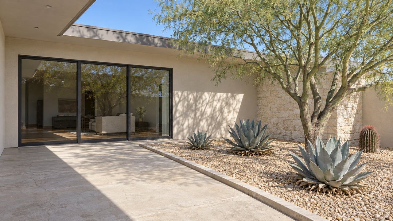 Low stucco home and shaded concrete patio beside a sculptural green-trunk tree, blue agaves and a barrel cactus in a gravel planting court.