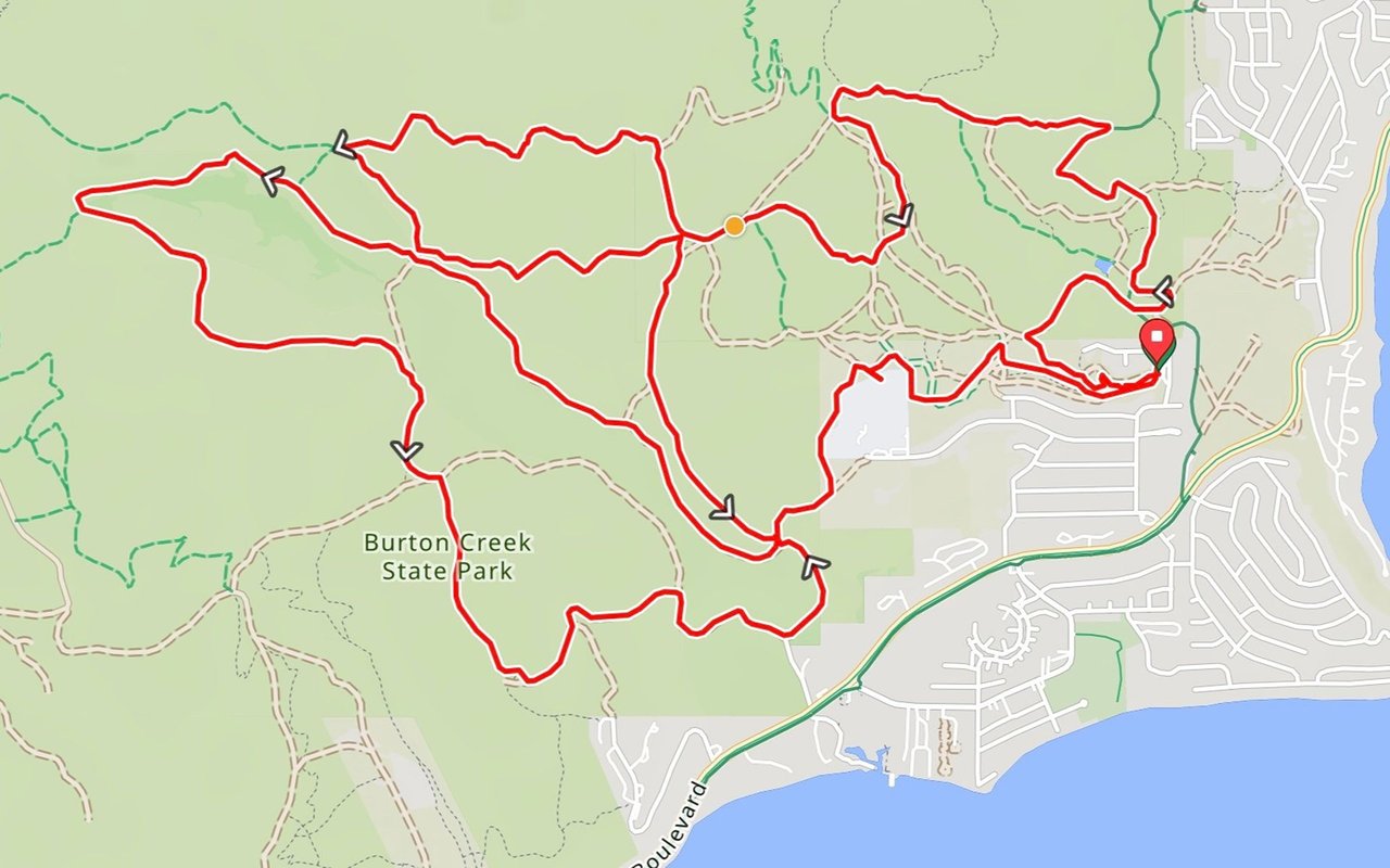 Great Gravel Race route map winding through Burton Creek State Park.