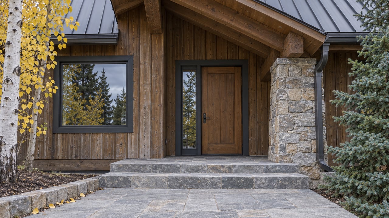 Covered timber-and-stone home entry with charcoal window frames, broad stone steps and yellow aspen leaves beside a raised paving border.