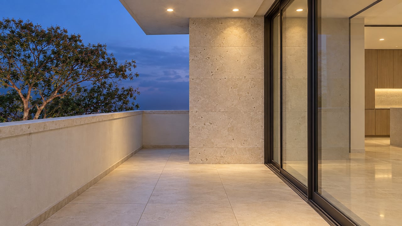Condominium balcony with a coral limestone pier, glass doors, two warm ceiling lights, and a tree beyond the parapet.