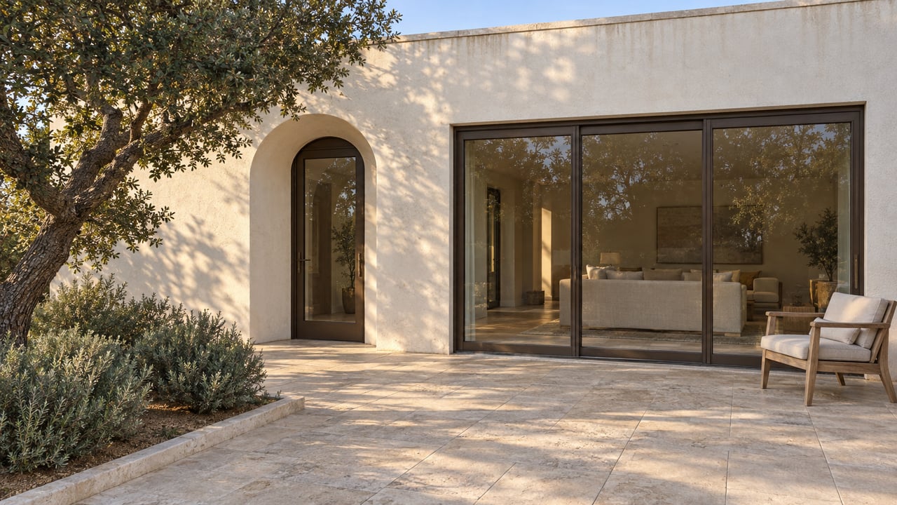 Sunlit limestone terrace beside a white stucco home with bronze-framed glass doors, a teak chair and a sculptural sand live oak.
