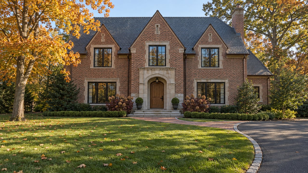 Brick home with three front gables, an arched stone entry, autumn trees, and a curved driveway.