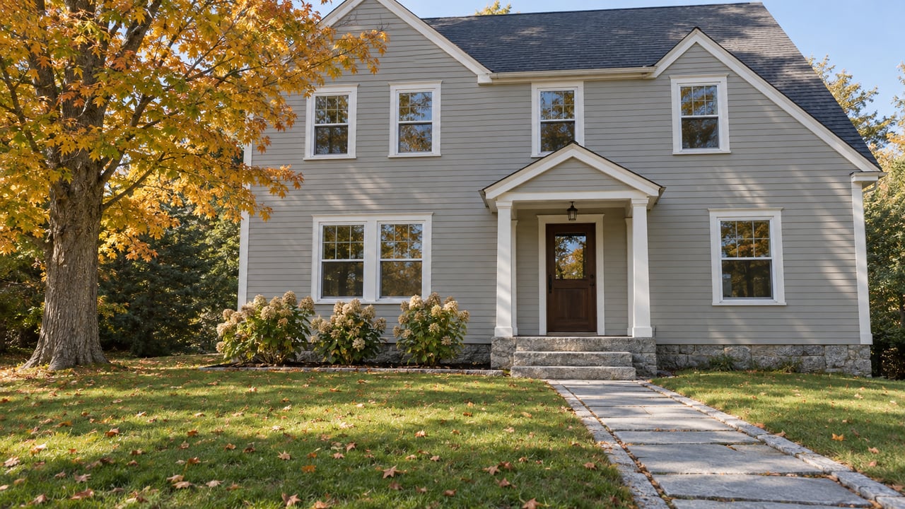 Gray clapboard house with a granite entry walk, broad lawn and an amber-leaved maple in morning light.