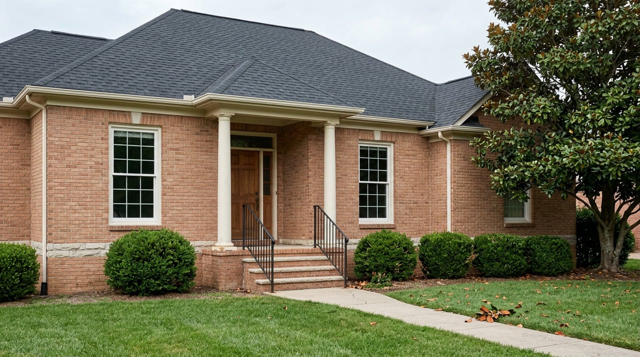 Brick home with round white columns, black handrail, curving walkway, and magnolia tree.