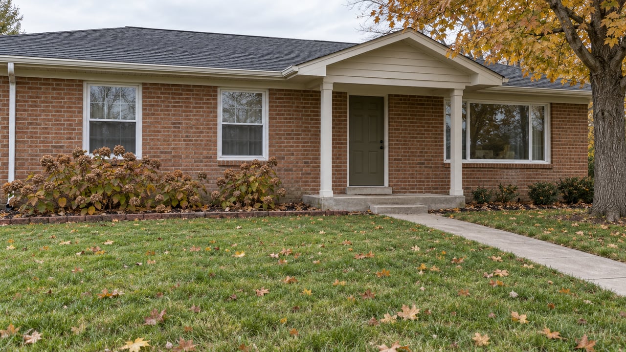 An established brick ranch behind a deep autumn lawn, with a covered entry and an amber-leaved maple.
