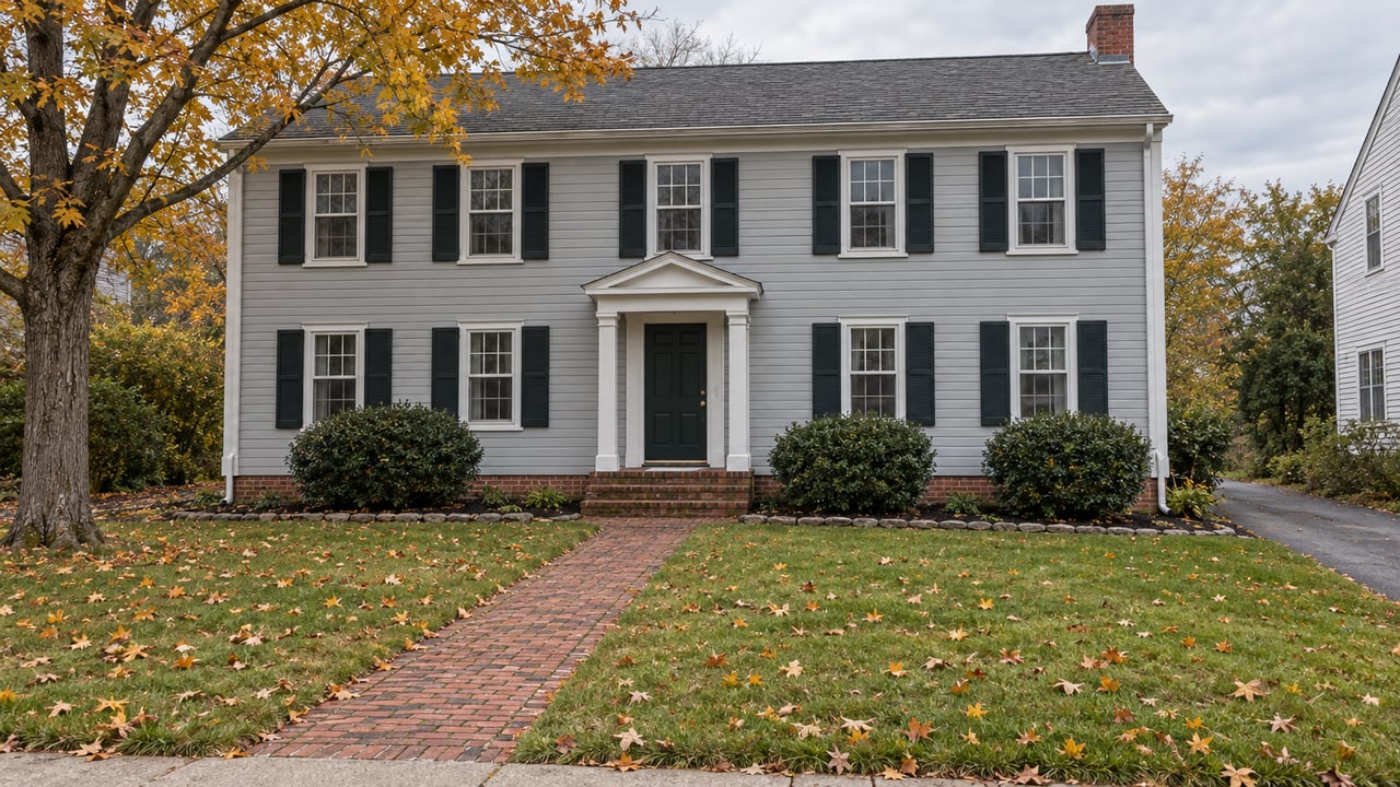 Gray clapboard colonial with a brick approach, amber maple canopy and a deep autumn lawn in soft daylight.