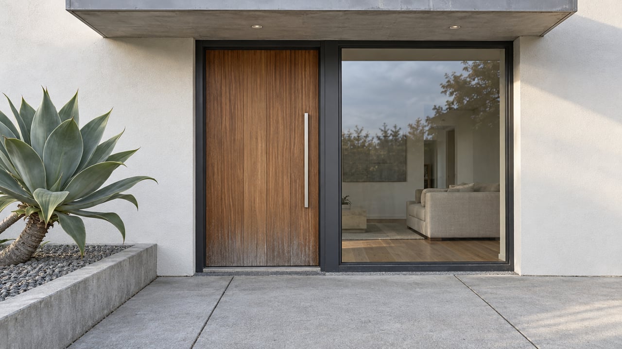 Close view of a contemporary home's cedar entry door, large framed window and pale concrete approach beside a sculptural agave.