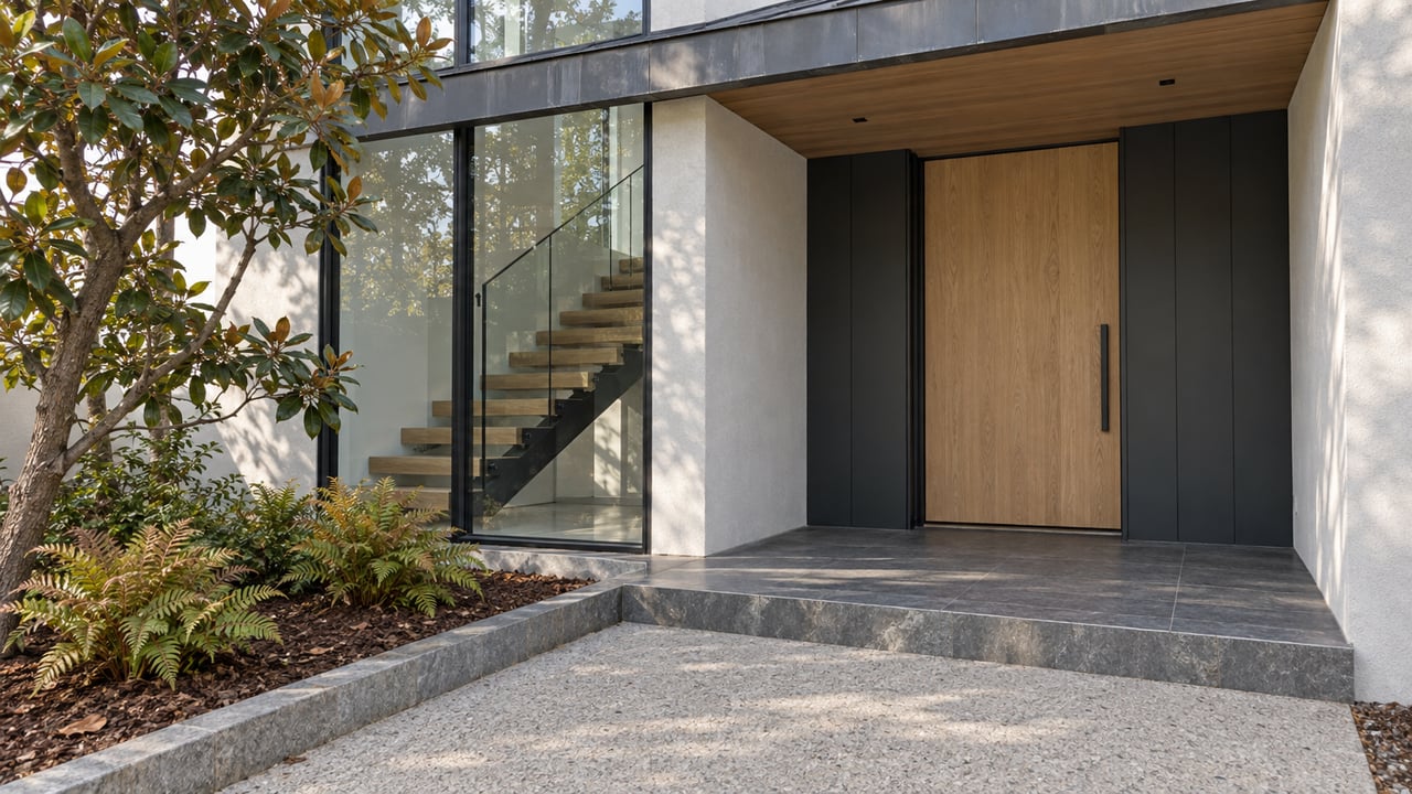 Contemporary home entrance with a pale oak door, black-framed stair window, dark tiled landing and a magnolia beside the concrete approach.