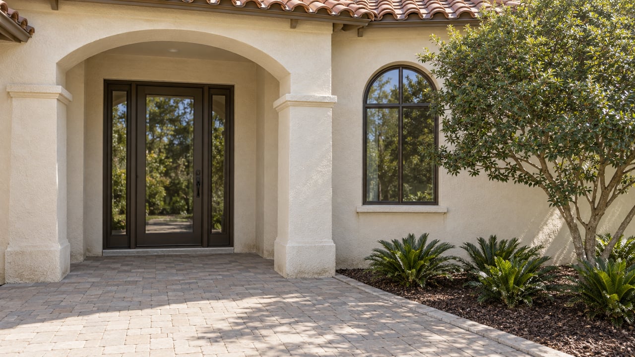 Sunlit pale stucco home entry with terracotta roof tiles, bronze-framed glazing, buff pavers and a sculptural yaupon holly.